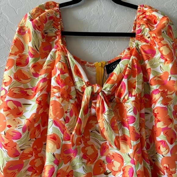 Cider Orange Floral Long Puff Sleeve Tie Front Mini Dress Resort Vacation Size S - Picture 9 of 12